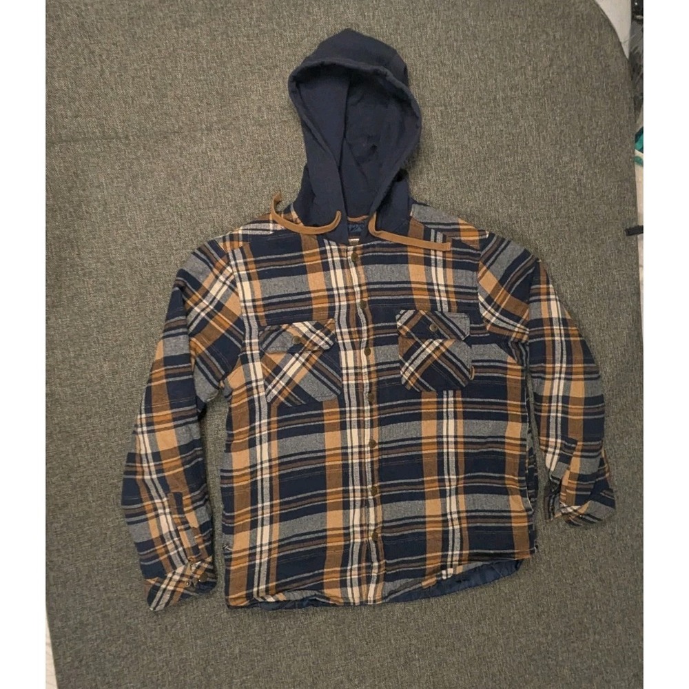 Legendary Outfitters Plaid Flannel Jacket Mens Large Quilt Lined Striped Hoodie